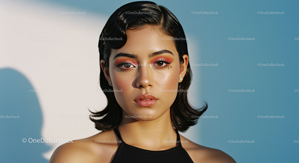 Elegant Woman with Vibrant Makeup in Sunlit Setting