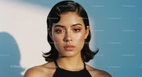 Elegant Woman with Vibrant Makeup in Sunlit Setting