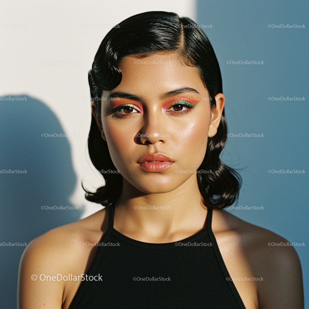 Modern Portrait of Young Woman with Artistic Makeup