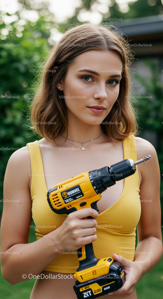 Young Woman with Cordless Drill in Outdoor Setting
