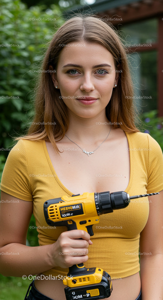 Young Woman with Cordless Drill in Garden Setting
