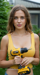 Young Woman with Cordless Drill in Garden Setting