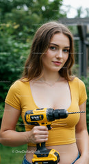 Young Woman with Cordless Drill in Summer Garden