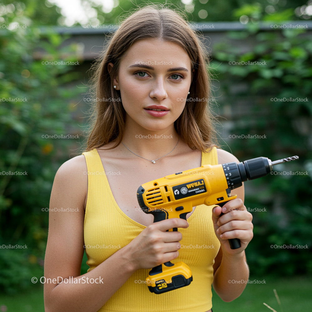 Young Woman Holding Power Drill in Garden Setting