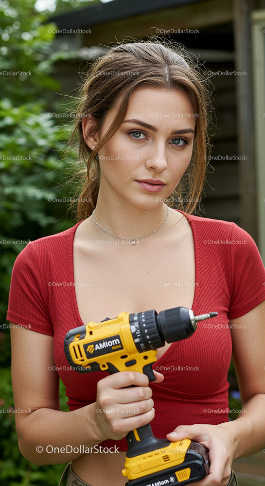 Young Woman Holding Cordless Drill in Garden Setting