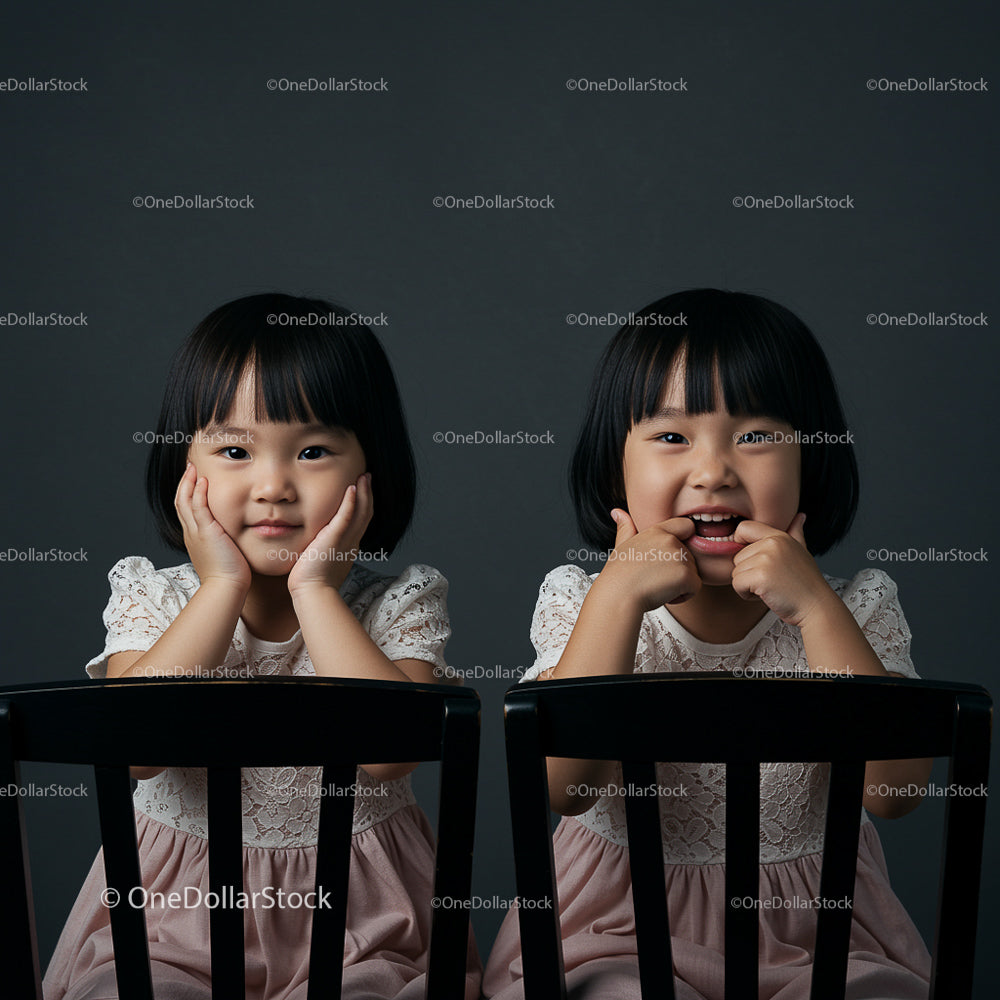 Playful Twin Girls in Lace Dresses with Joyful Expressions
