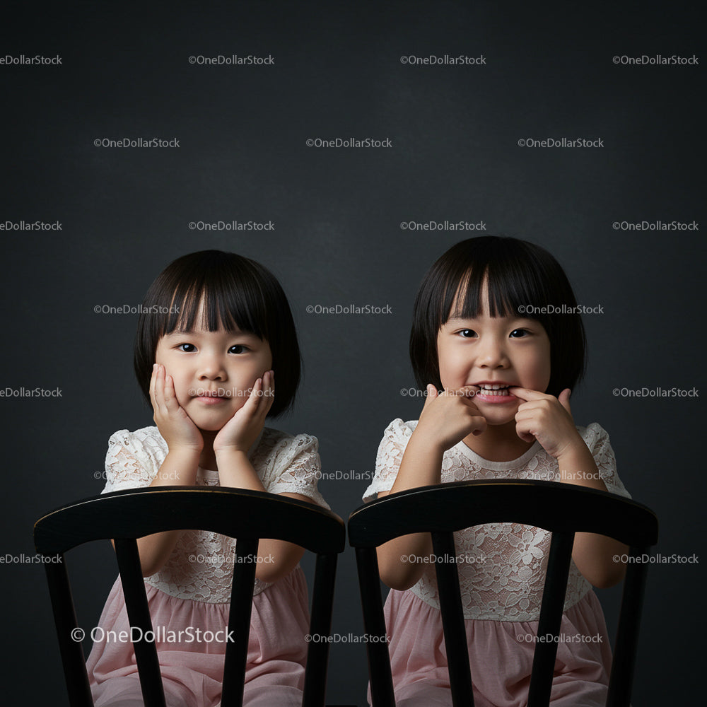 Happy Twin Sisters in Lace Dresses on Chairs