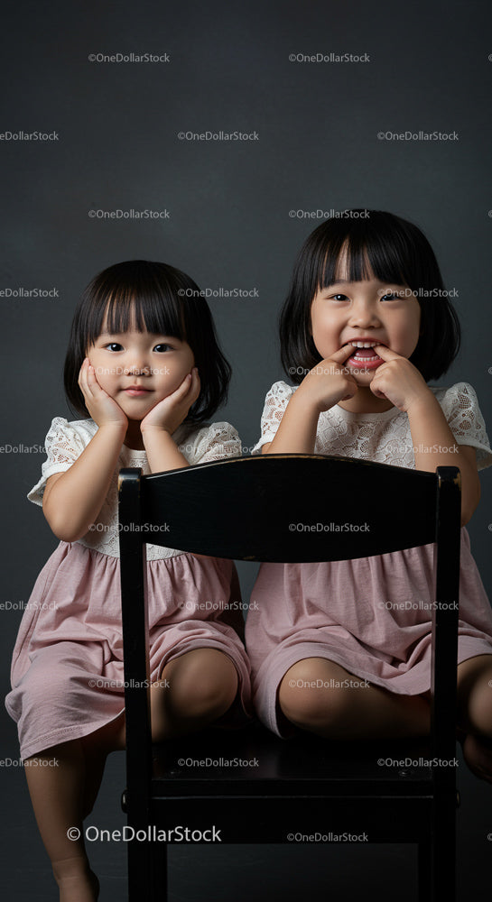 Sisters in Matching Pink Dresses Sitting Playfully