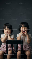 Twin Sisters in Cute Pink Dresses Sitting on a Chair