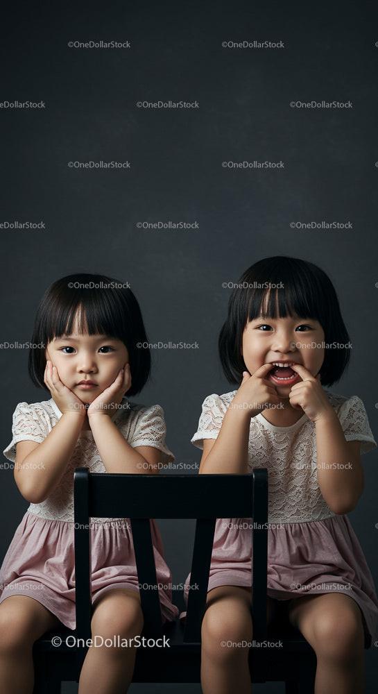 Twin Sisters in Cute Pink Dresses Sitting on a Chair