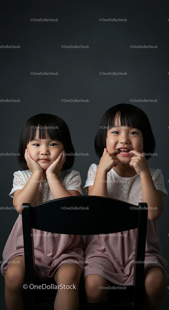 Twin Girls in Matching Pastel Dresses on a Dark Background