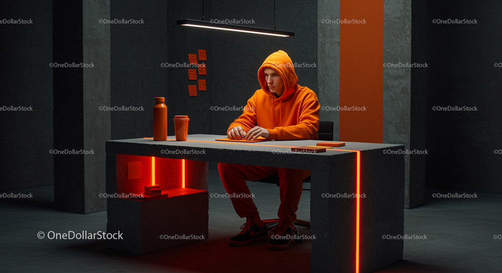 Young Man in Orange Hoodie at Modern Concrete Desk