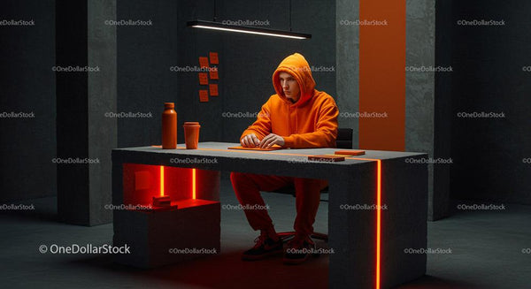 Young Man in Orange Hoodie at Modern Concrete Desk