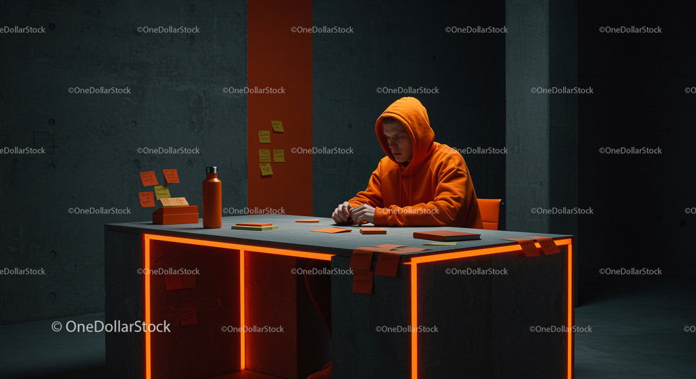 Focused Individual in Orange Hoodie at Modern Workspace