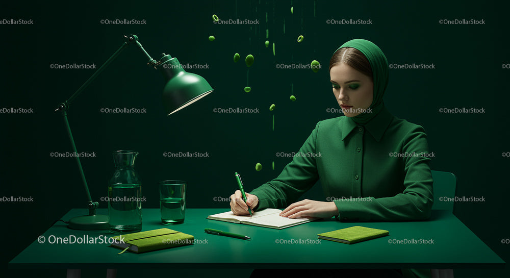Woman in Green Writing at Modern Desk
