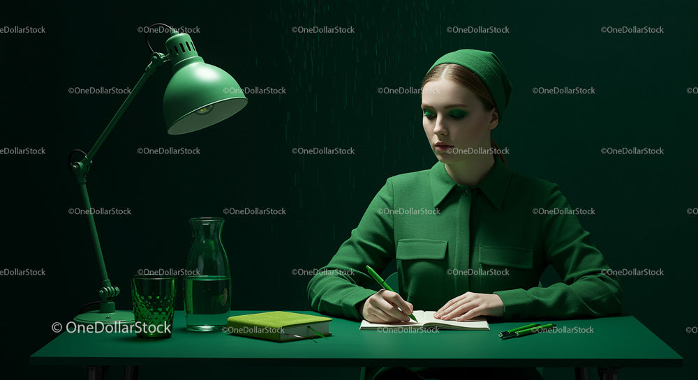 Woman in Green Writing at Monochromatic Desk
