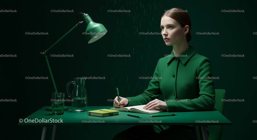 Woman in Green Outfit Writing at Minimalist Desk
