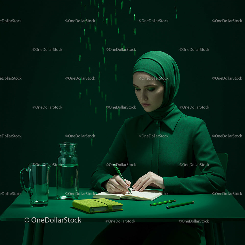 Woman in Green Hijab Writing at Minimalist Desk