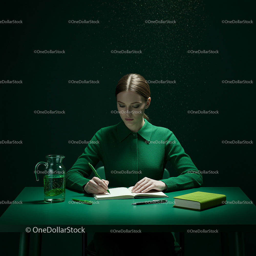 Woman in Green Writing at a Minimalist Desk