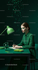 Elegant Woman Writing in Modern Green Office