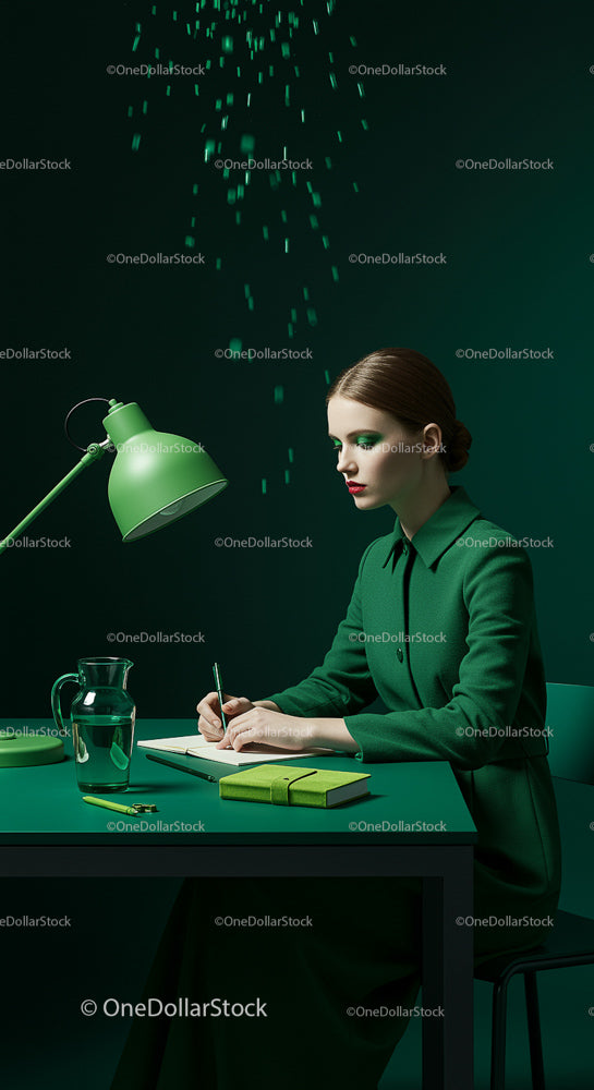 Elegant Woman Writing in Modern Green Office