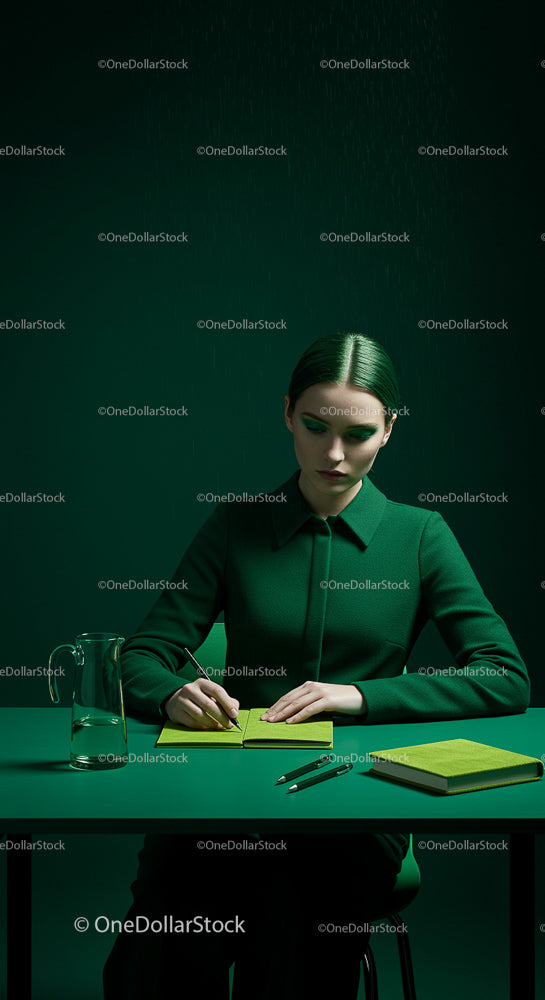 Woman Writing at Green Desk in Monochrome Setting