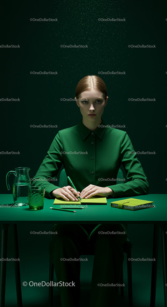Contemplative Woman in Green Office Setting