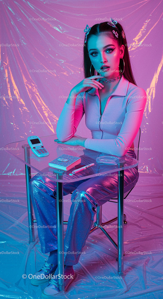 Trendy Young Woman in Futuristic Neon Setting