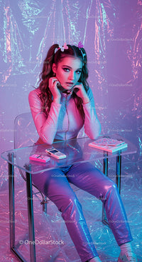 Stylish Woman in Futuristic Pastel Outfit with Neon Lights