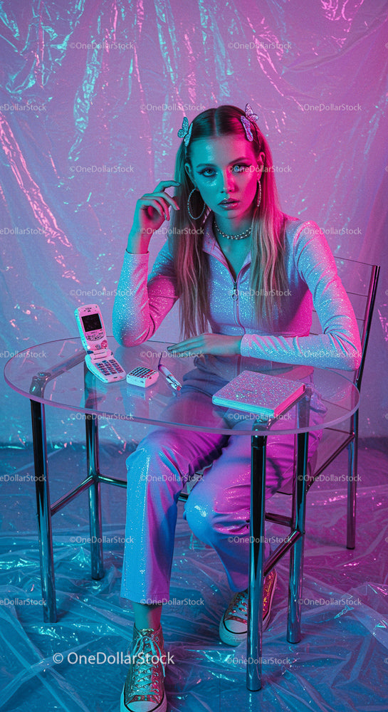 Teen Girl in Retro Futuristic Neon Style Setting