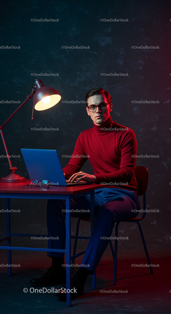 Stylowy mężczyzna w czerwonym swetrze pracujący na laptopie przy nowoczesnym biurku