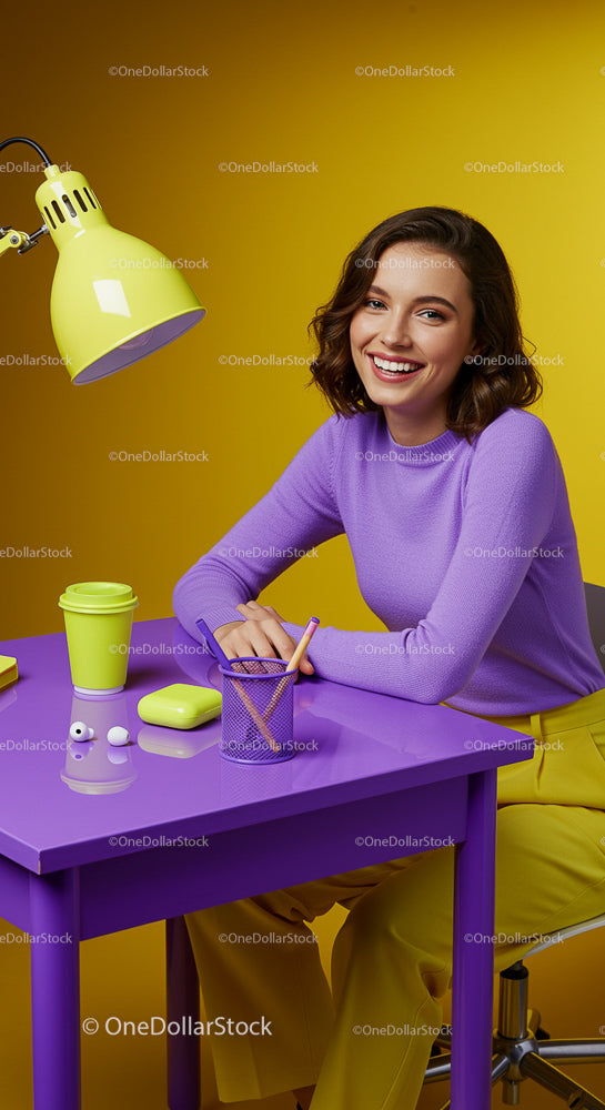 Smiling Woman in Vibrant Workspace with Purple and Yellow Accents