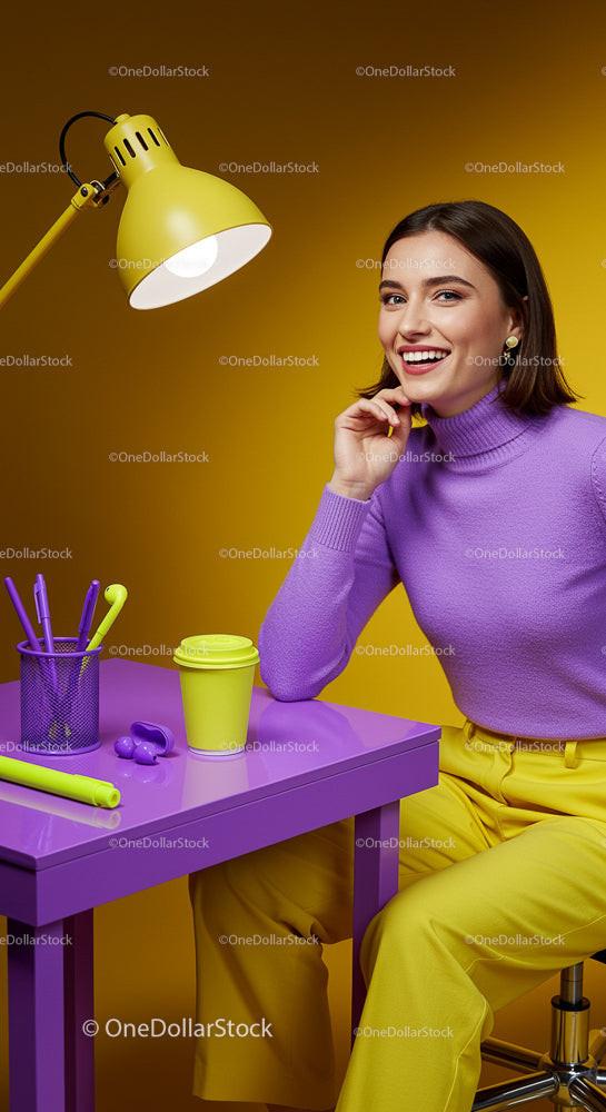 Radosna kobieta w żywym żółtym i fioletowym stylu biurowym