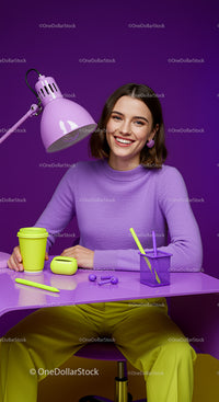 Smiling Woman in Vibrant Purple and Green Workspace
