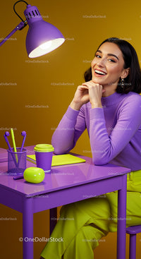 Smiling Woman at Bright Purple Desk with Modern Decor