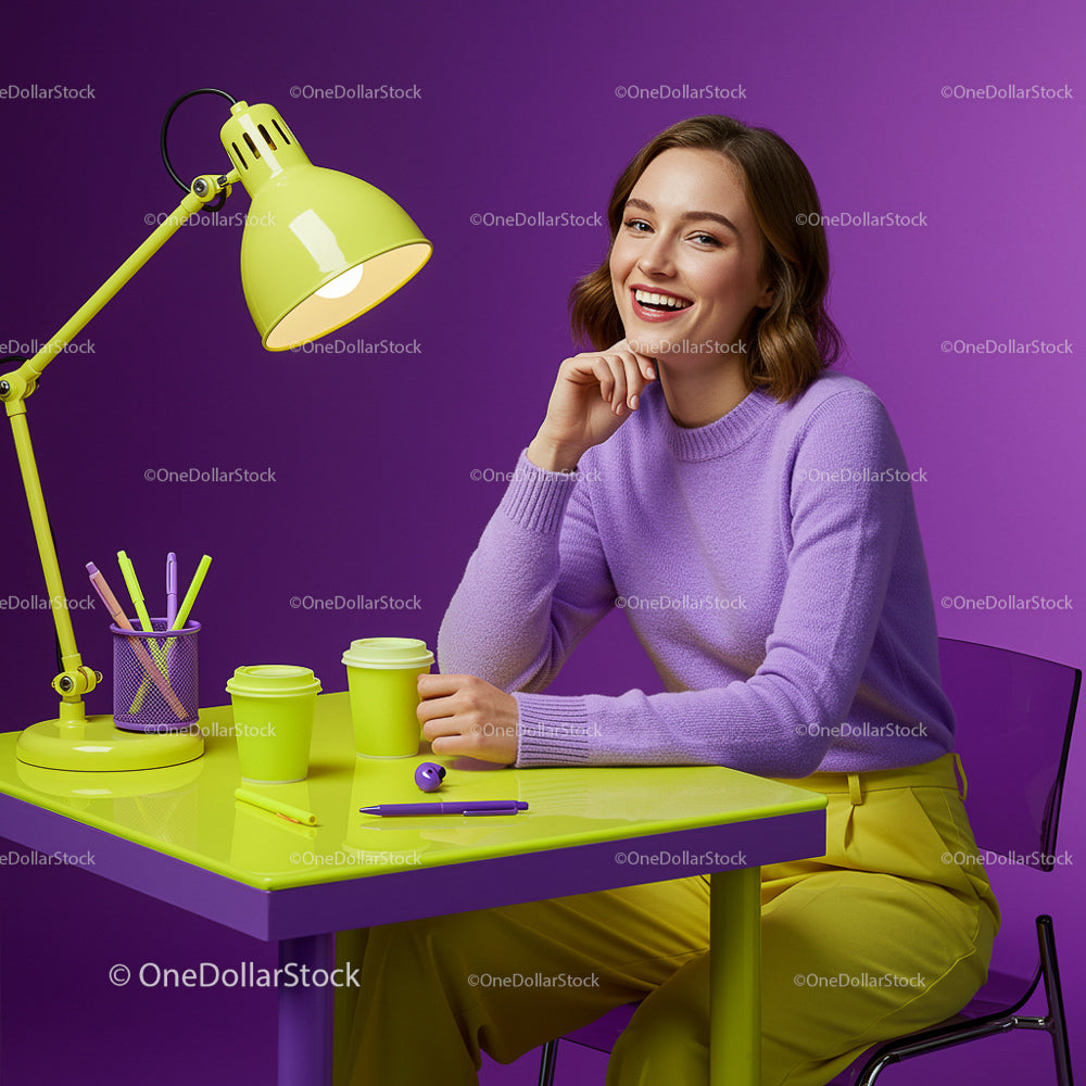 Smiling Woman in a Vibrant Purple and Yellow Workspace