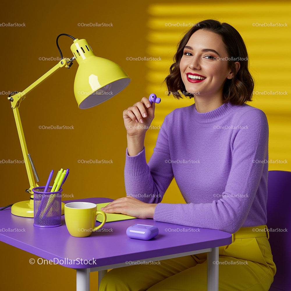 Smiling Woman in Vibrant Home Office with Purple and Yellow Decor