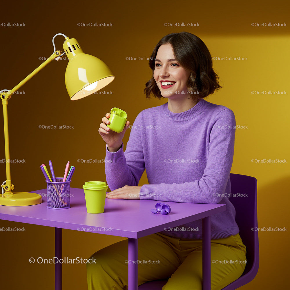Cheerful Woman in Colorful Workspace with Yellow and Purple Decor