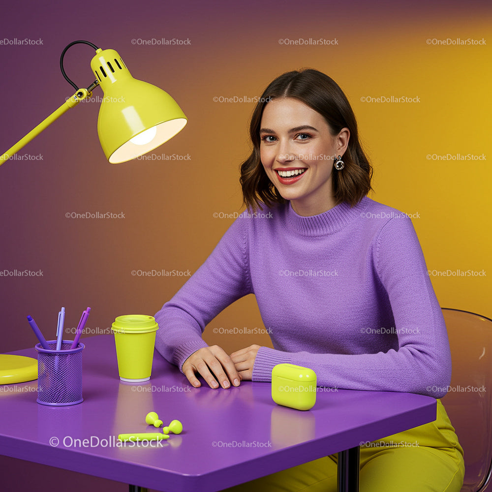 Smiling Woman in Purple Sweater at Colorful Workspace