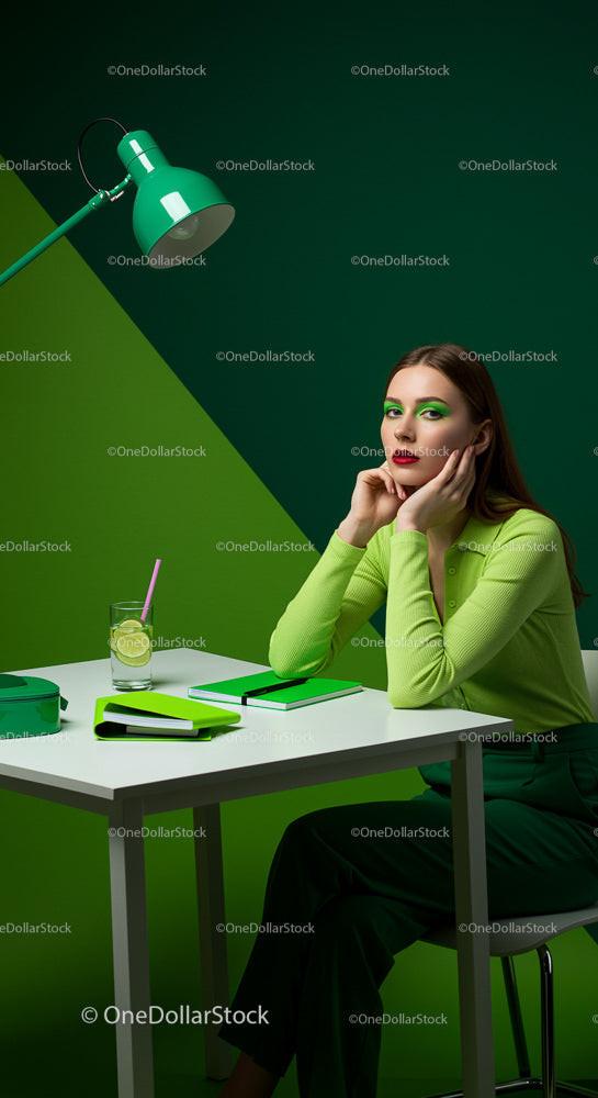 Stylish Woman in Green Office Setting