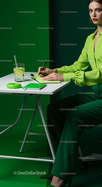 Woman in Green Writing at Modern Desk with Notebook