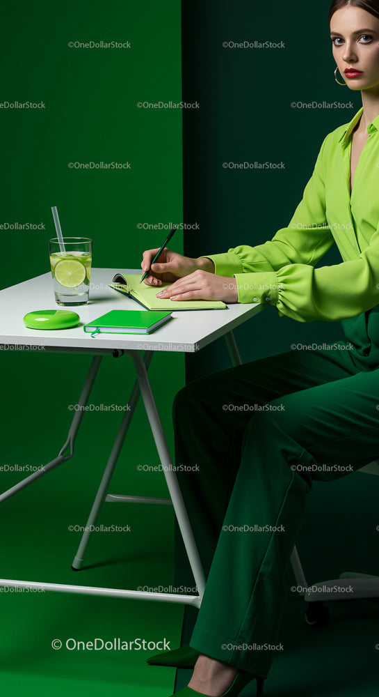 Woman in Green Writing at Modern Desk with Notebook
