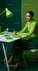 Stylish Woman in Green Themed Workspace with Modern Decor