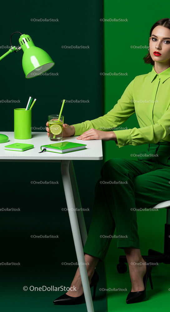 Sophisticated Woman in Chic Green Office Setup