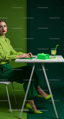 Elegant Woman in Vibrant Green Outfit at Stylish Workspace