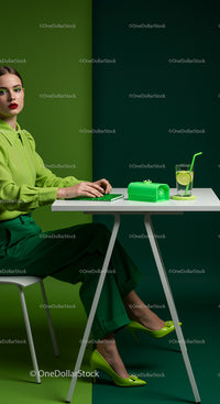 Elegant Woman in Vibrant Green Outfit at Stylish Workspace