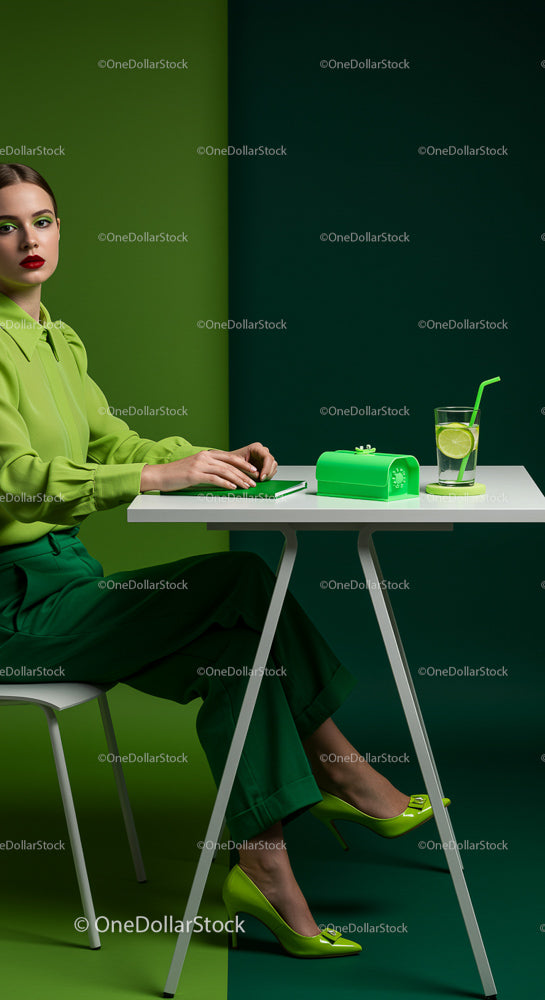 Elegant Woman in Vibrant Green Outfit at Stylish Workspace