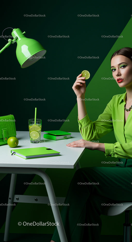 Chic Green-Themed Workspace with Lime Accents