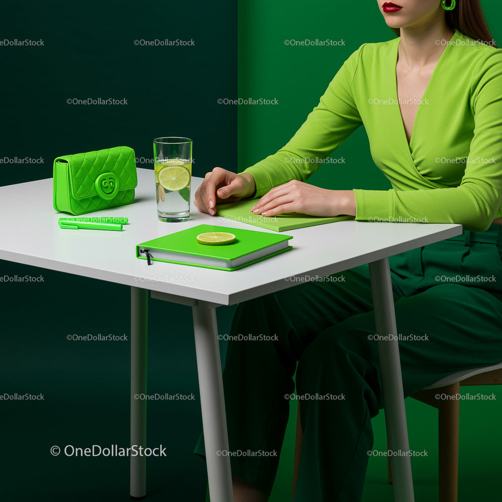 Stylish Woman in Green with Lime Drink at Modern Desk