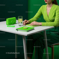 Stylish Woman in Green with Lime Drink at Modern Desk